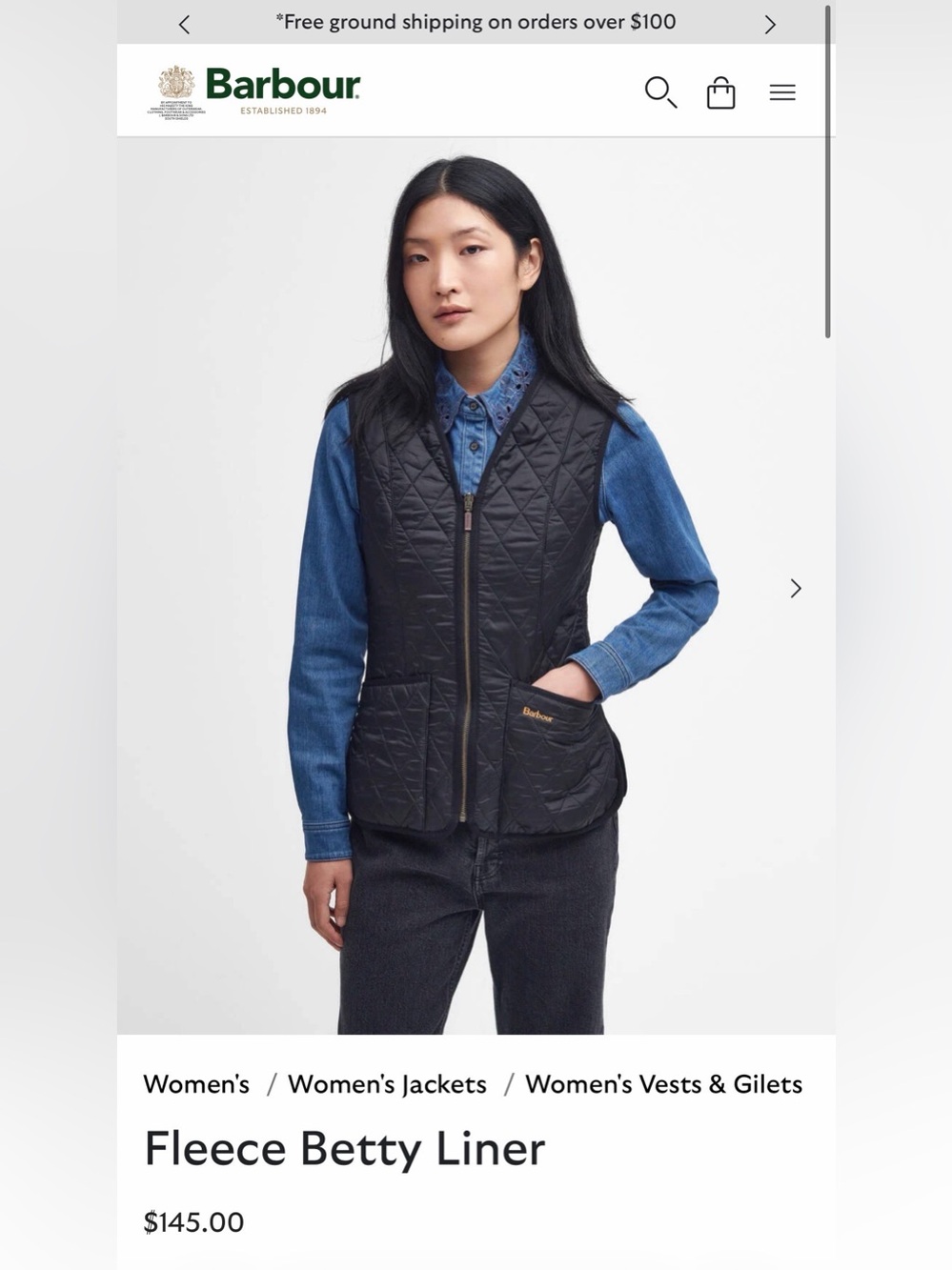 NWT Barbour Vest Black Quilted Fleece “Betty” Liner - Size UK8